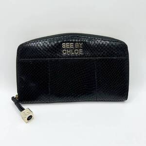 A) SEE BY CHLOE / シーバイクロエ 長財布 黒 SBC 小銭入れあり ウォレット レザー ラウンドファスナー ゴールド ブラック 金具 D2308