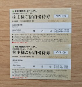 東急不動産 株主優待 ホテルハーヴェスト ご宿泊優待券2枚　有効期限2025年8月31日まで 箱根 有馬 鬼怒川 伊東 京都鷹峯 軽井沢