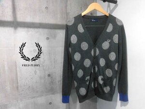 FRED PERRY フレッドペリー F3056 大判ドット 月桂樹刺 Vネック ニット カーディガン L/グレー/メンズ/程度良好