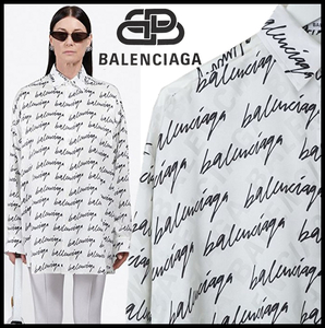 20AW 定価19万円 バレンシアガ BALENCIAGA シルク100% ロゴ総柄 オーバーサイズ 長袖 シャツ クリーニング済み