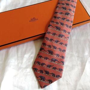 1000円～　良品　エルメス　HERMES　ネクタイ　tie　ピンク　紫　ゾウ　像　サイ　動物　アニマル　メンズ　男性　スーツ　ビジネス