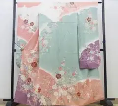 豪華振袖　駒刺繍　流水花文　暈し染め　金彩　逸品 絹 成人式 お見合 パーティー