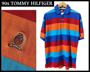 送料無料 G② 古着屋購入 90s TOMMY HILFIGER トミーヒルフィガー フラッグタグ 刺繍 エンブレム ロゴ マルチ ボーダー 半袖 ポロシャツ M