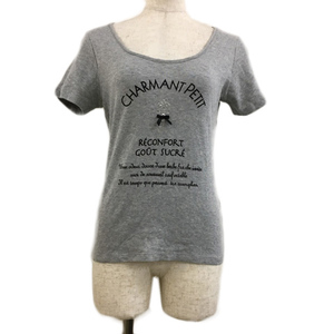 ミニマム MINIMUM Tシャツ カットソー プルオーバー Uネック ロゴ プリント リボン ラインストーン 半袖 2 グレー レディース