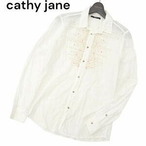 Cathy Jane キャシージェーン 春夏 刺繍 デザイン★ インド綿 長袖 ワーク シャツ Sz.1　メンズ 白　C4T04184_4#A