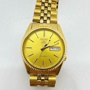 A2406-7-22 １円スタート 自動巻き　美品　稼働品　SEIKO5　セイコー５　ゴールド　メンズ腕時計　裏スケ　７S26　ゴールド文字盤