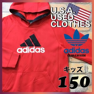 ME5-587★USA直輸入★良品＆正規品★【adidas アディダス】CLIMAWARM BIG刺繍ロゴ プルオーバー パーカー【US ユース L 150】赤 黒 人気