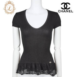 【返品可】CHANEL シャネル ココマーク ニット レース 半袖 トップス カットソー Tシャツ 34 黒 ブランド アパレル 中古 中古品-非常に良い