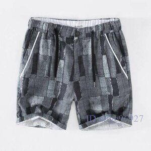 S233☆新品麻100% 切替 ショートパンツメンズ 夏ボトムス 短パン 薄手 ハーフパンツ動きやすい 3XL