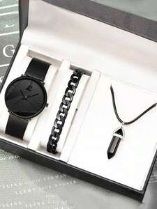 腕時計 メンズ セット クオーツ時計 ブラック 日付表示 男性用 + ネックレス + ブレスレット 1セット (箱なし)