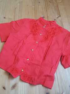 【vintage used】80~90sブラウス　赤×ゴールドボタン 半袖シャツ 