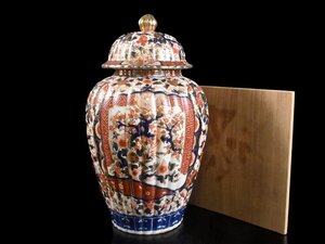 【雲】某名家買取品 古伊万里 色絵金彩花鳥唐草絵付蓋付花瓶 飾壺 高さ40.5cm 箱付 古美術品(花器飾壺)J1002 PT2vfs4