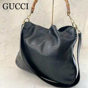 *美品●グッチ【定番人気】GUCCI 2way ハンドバッグ ショルダーバッグ トートバッグ バンブー カーフレザー 肩がけ 黒 本革 レザー