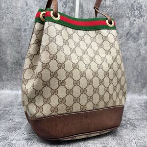 極美品 GUCCI グッチ シェリーライン 巾着 GG ショルダーバッグ レザー 本革 PVC ブラウン ベージュ ロゴ刻印 ワンショルダー 肩掛け