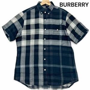 美麗品◎Mサイズ バーバリー【圧巻の高級感】BURBERRY ビッグ ノバチェック 半袖 シャツ コットン100% ネイビー 日本製 春夏 薄手◎メンズ