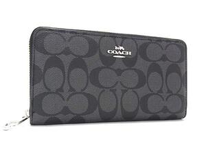 1円 ■新品同様■ COACH コーチ C4452 シグネチャー PVC ラウンドファスナー 長財布 ウォレット 小銭入れ 札入れ ブラック系 BI9351