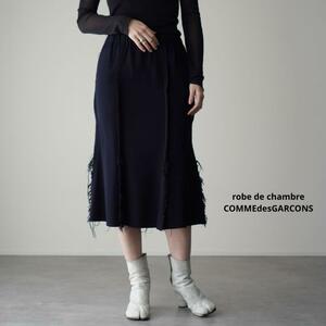 美品 robe de chambre COMMEdesGARCONS ウールスカート ウールギャバ 裁断加工 切りっぱなし マーメイド ミモレ丈 ウエストゴム 紺 M