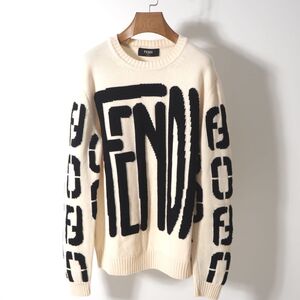 4-YJ021◎フェンディ FENDI 20AW クルーネック ロゴプリント ニット セーター アイボリー ブラック 50 正規品 メンズ