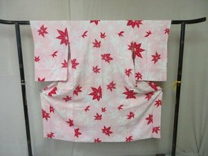 1円 良品 正絹 長襦袢 錦紗縮緬 式典 和装 和服 アンティーク 桃色 楓 紅葉 吹き寄せ 袷 身丈120cm 裄64cm【夢職】★★★