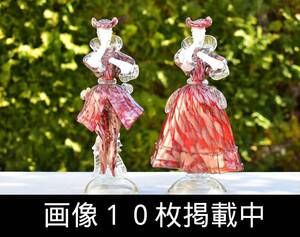 MURANO ムラノ ベネチアンガラス 人形 金彩 赤 貴公子 貴婦人 ペア 25.5cm インテリア 置物 ヴィンテージ