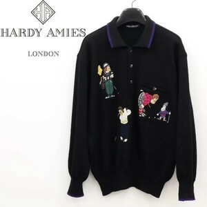 ◆HARDY AMIES SPORT ハーディエイミス スポーツ ゴルフ刺繍 ウール ニット ポロシャツ セーター 黒 ブラック Ⅳ