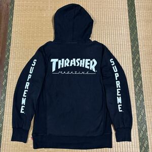 Supreme x THRASHER コラボ 袖ロゴ&バクプリ入り スウェット パーカー 黒 レア スラッシャー スケボー