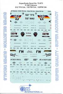 1/72 Superscale スーパースケールデカール　72-873　F-16C Falcons 512 TFS Cdr.,132FW Cdr., 122FW Cdr.