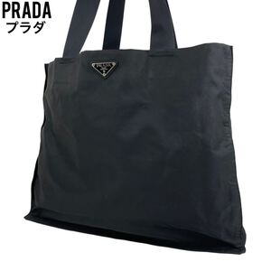 良品　PRADA プラダ　トートバッグ　ブラック　ナイロン　レザー　大容量　ハンドバッグ　ショルダーバッグ　三角プレート　白タグ