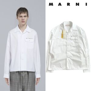 極美品 MARNI マルニ 23FW Logo Popelin L/S Shirt ボーリングシャツ オープンカラー オーガニック コットン ポプリン 白 ホワイト