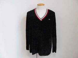 (56493)TOMMY HILFIGER　トミーヒルフィガー　メンズ　Vネック　ニット　セーター　長袖　ブラック　L　USED