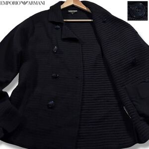 極美品/Lサイズ●エンポリオ アルマーニ ウール100% ニット ピーコート ジャケット EMPORIO ARMANI ダブル ストレッチ ボタンロゴ刻印 52