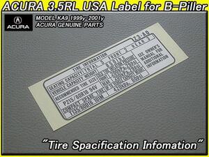 レジェンドKA9中期【ACURA】アキュラ3.5RL純正USラベルTire.Infomation(99-01y)/USDM北米仕様タイヤ空気圧インフォメーション.ステッカー