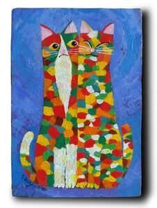  油絵　「猫とネコ」　キャンバスに油彩　サムホール　額装無し