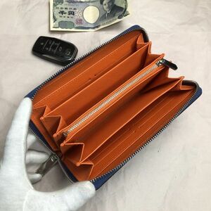 【田中革具】 訳あり 青 オレンジ　カーボンレザー 長財布 ラウンドファスナー ロングウォレット 牛革 メンズ 財布 男性 ビジネス 1円 新品