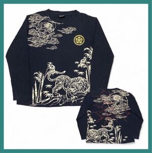 2725◆BULLET NOISE バレットノイズ◆和柄 風神雷神 虎 竹 家紋 プリント コットン 長袖 Tシャツ ロンT ネイビー M