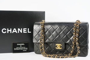 【超美品】CHANEL シャネル ラムスキン マトラッセ 二重蓋 Wフラップ 25 チェーンショルダーバッグ ブラック【PU82】