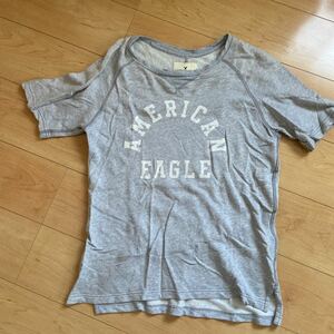 [AMERICAN EAGLE]アメリカンイーグル メンズ スウェット半袖 Tシャツ Sサイズ（US） プリントロゴ ライトグレー