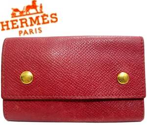 送料600円～ HERMES 6連キーケース クシュベル レッド×ゴールド金具 セリエボタン 1997年製 □A刻印 エテュイクレ6 赤 レザー4連 エルメス