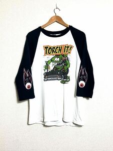 00s RATFINK 大判プリント ホットロッド 七分丈 Tシャツ エドロス 袖プリント コピーライト 目玉 ファイヤー ラットフィンク ロンT 長袖