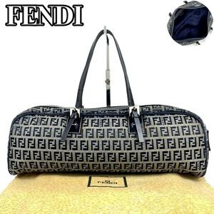 美品■FENDI フェンディ ハンドバッグ ズッキーノ FF 総柄 ズッカ シルバー金具 ミニボストン 筒型 レザー キャンバス 紺 ネイビー グレー