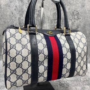 極美品 GUCCI グッチ シェリーライン GG ミニボストンバッグ ハンド ヴィンテージ ネイビー ベージュ レザー 本革 PVC ロゴ ゴールド金具