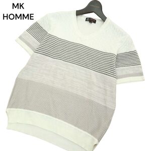 MK HOMME ミッシェルクラン オム 【麻 リネン】 サマー ニット ボーダー Vネック カットソー Tシャツ Sz.46　メンズ　A4T07826_7#J