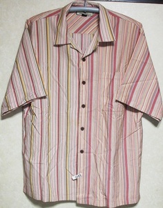 Tommy Bahama シルク 半袖シャツ アロハシャツ L XL トミーバハマ ストライプ 開襟 ボタンダウン オレンジ 黄色 アメリカ 輸入 古着 送料込