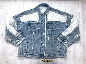 新品！YIZILIAN レディース フラワーステッチ チュール 切り替え デニムジャケット 大きいサイズ XXL 青白