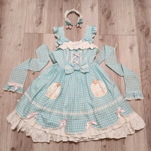 Angelic Pretty カップケーキ アップリケ ジャンパースカート&カチューシャ グリーンチェック