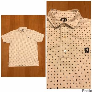 良品☆FJ・フットジョイ　メンズサイズ2XL 快適速乾ドライ/ストレッチ性生地.半袖ポロシャツ 星調&ドット総柄デザイン！&両面ロゴ刺繍入 白