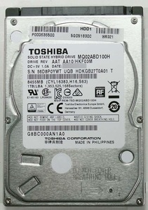 1円スタート 東芝 MQ02ABD100H 1TB 2.5インチ 9.5mm HDD 8GB SSD搭載 ハイブリッドHDD 2016年製 (Cristal DiscInfo 正常) (管:PH55