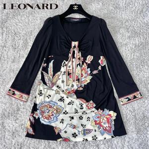 【美品】LEONARD レオナール 花柄 トリム カンカン素材 リボン トップス チュニック ワンピース