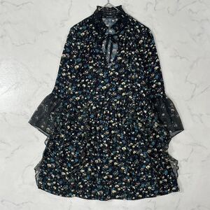 ZARA BASIC ザラベーシック 切替 花柄 レース ピンタック リボン ギャザー フレアスリーブ 透け感 長袖 フレア ひざ丈 ワンピース XS