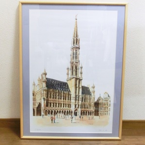 X19●a086@☆同梱不可　リトグラフ？　Y.ZiAEiAN 【Hotel de ville】 ベルギー　ブリュッセル　56.0×74.3cm　現状渡し▲２